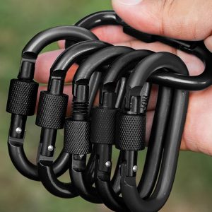 6 Pcs D-Shaped Spring Hook Carabiners with Screw Gate, Black Aluminum Alloy Buckles for Outdoor Activities: Climbing, Camping, Hiking, Fishing, Keychain Hooks, 42 x 80mm