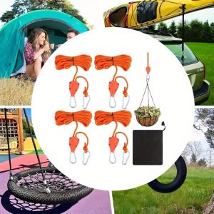 4pcs Camping Tent Tie Down Rope, Tightener Fastening Wind Rope Buckle, Pulley Ratchet Hangers Awning Rope Hook