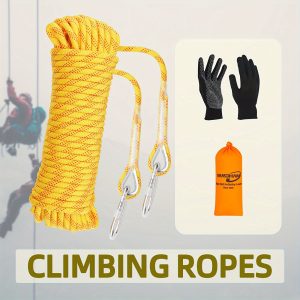 Vandham Heavy-Duty Static Climbing Rope, Yellow, 8mm, 393.7/787.4/1181.1inch, with Carabiners, for Climbing, Fire Rescue, Marine Use, Includes Non-Slip Gloves & Dust Bag, Polyester Material, 44.09LB+ Load Capacity, 1pc